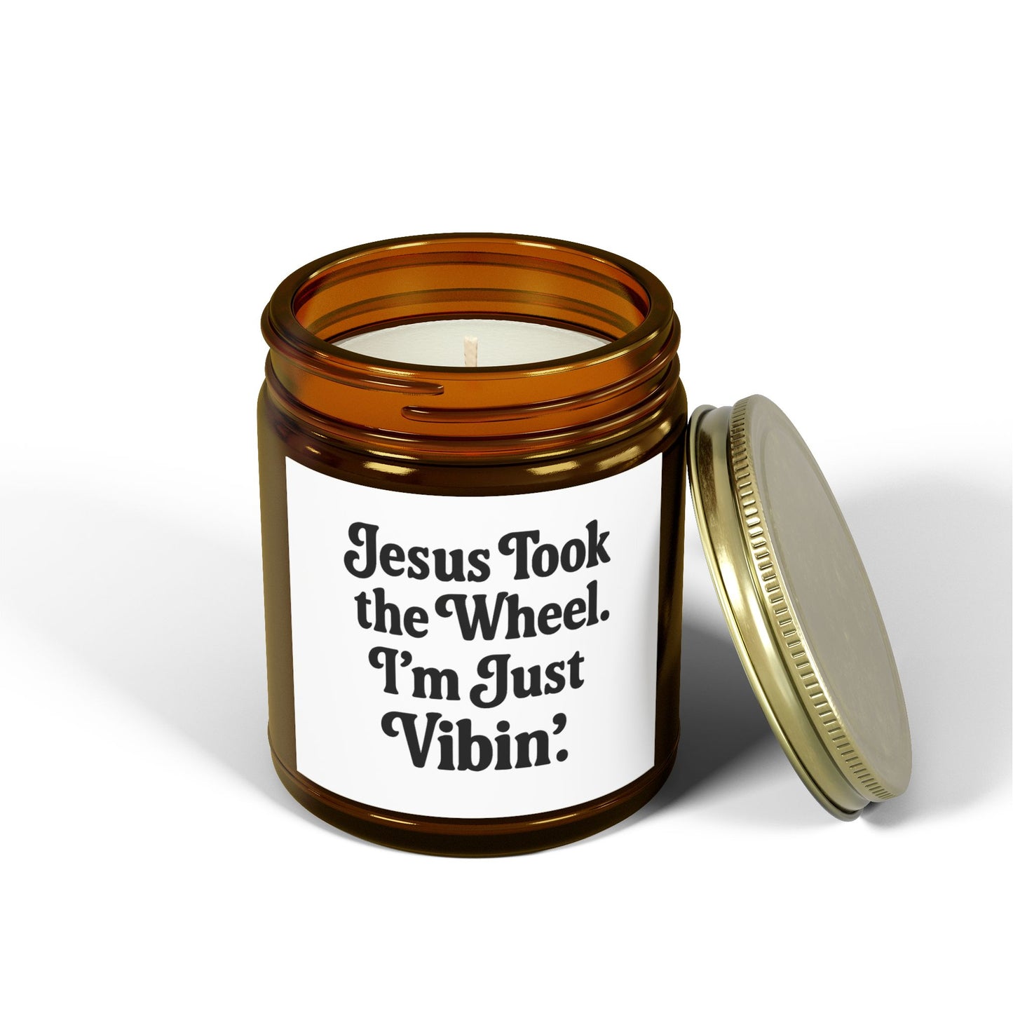 "Jesus Took the Wheel. I'm Just Vibin." Scented Candle – 4oz Coconut Apricot Wax Candle, Faith-Based Gift with Relaxing Vibes