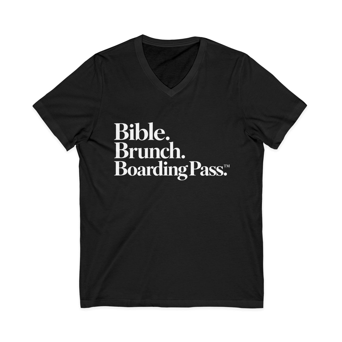 Bible Brunch Boarding Pass V-Neck Tee — Dark Colors | Christian Travel & Weekend Shirt