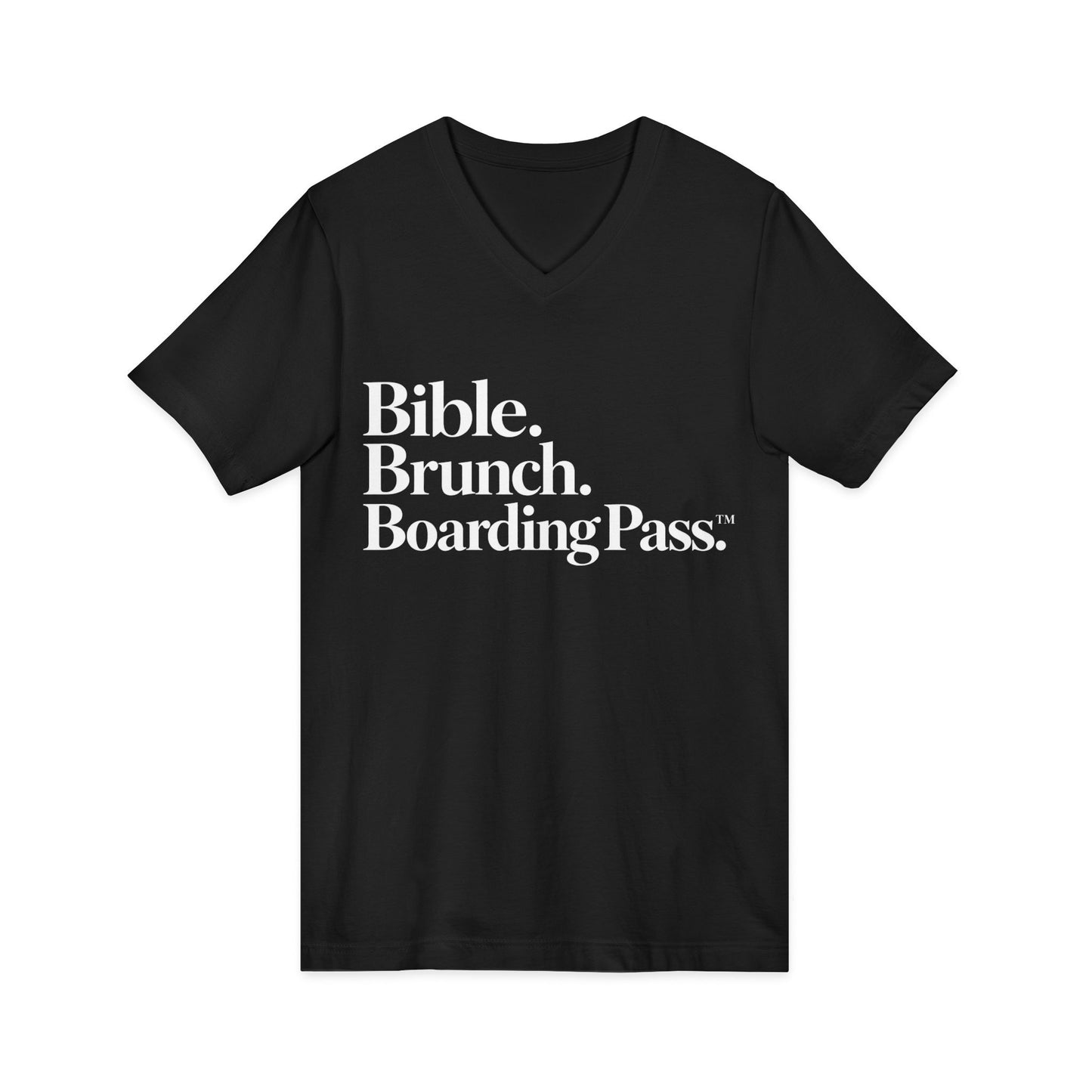 Bible Brunch Boarding Pass V-Neck Tee — Dark Colors | Christian Travel & Weekend Shirt