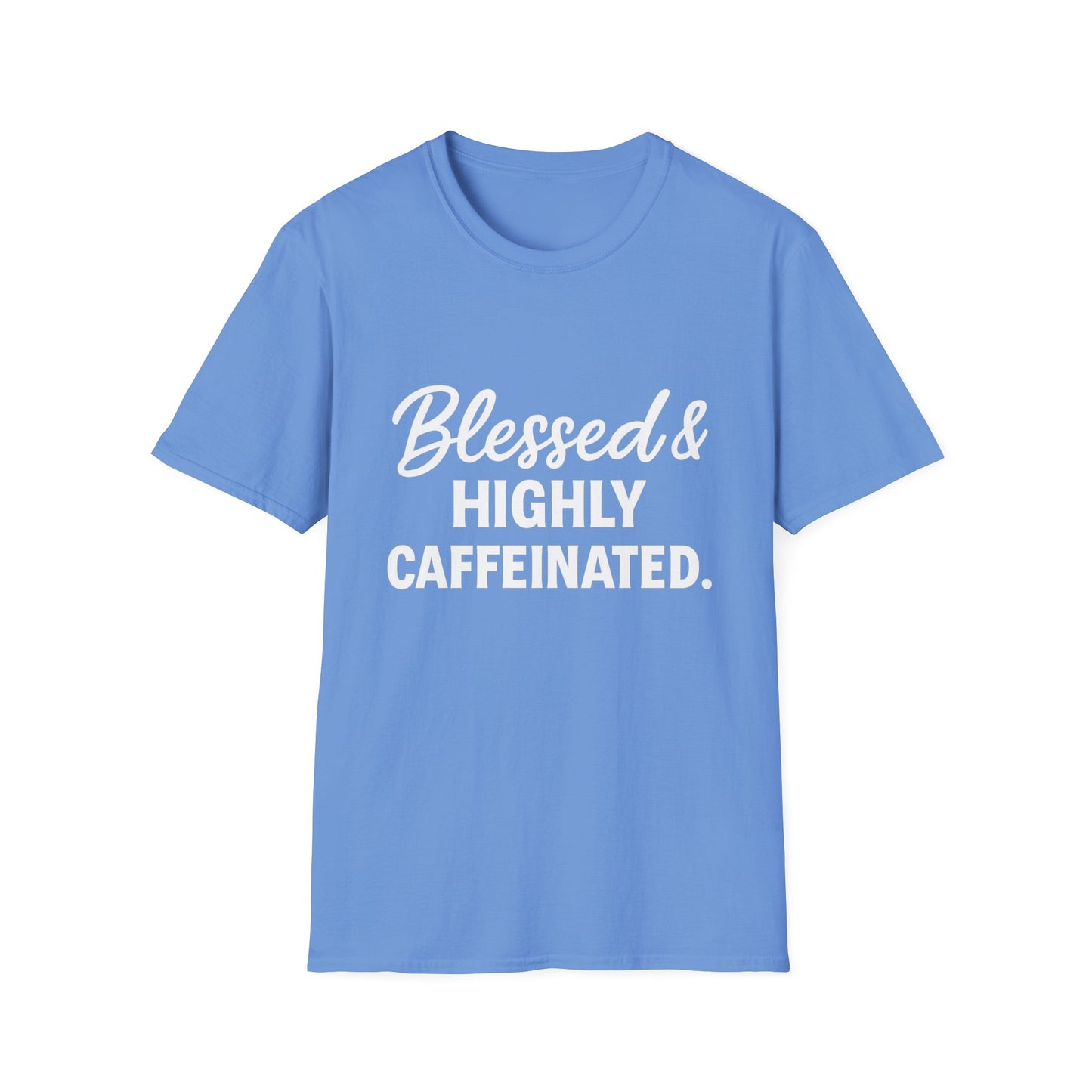 Blessed & Highly Caffeinated Unisex T-Shirt – Funny Christian Coffee Tee with White Lettering