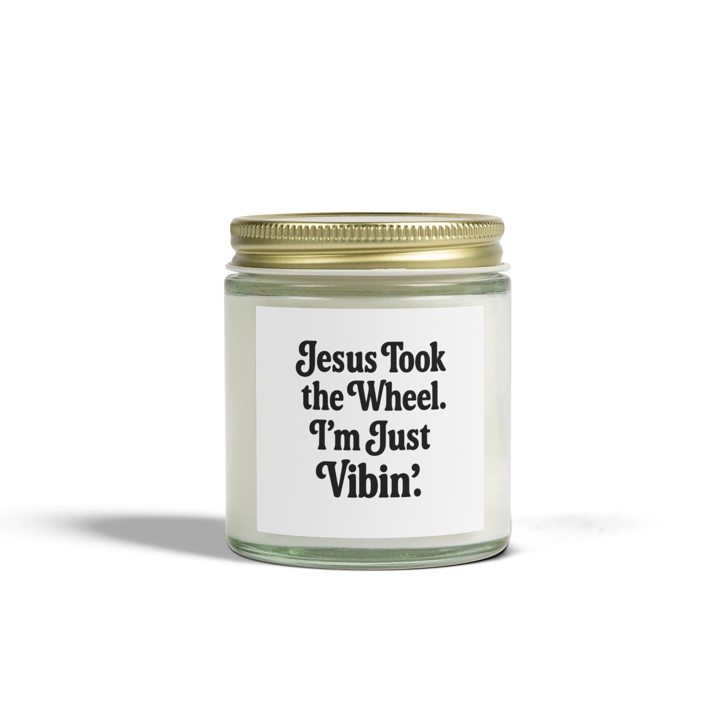 "Jesus Took the Wheel. I'm Just Vibin." Scented Candle – 4oz Coconut Apricot Wax Candle, Faith-Based Gift with Relaxing Vibes