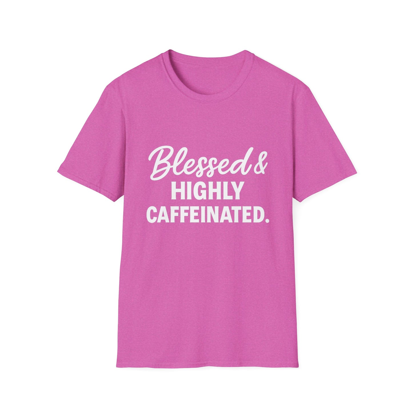 Blessed & Highly Caffeinated Unisex T-Shirt – Funny Christian Coffee Tee with White Lettering