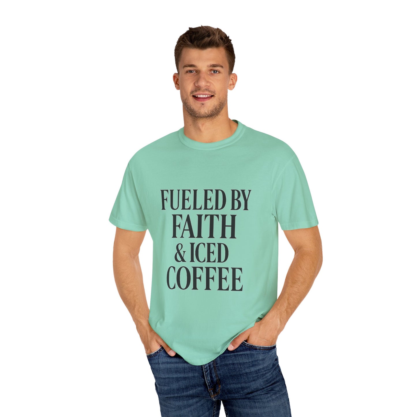 I Run on Faith & Iced Coffee Tee – Round‑Neck Unisex Shirt • Caffeine + Conviction