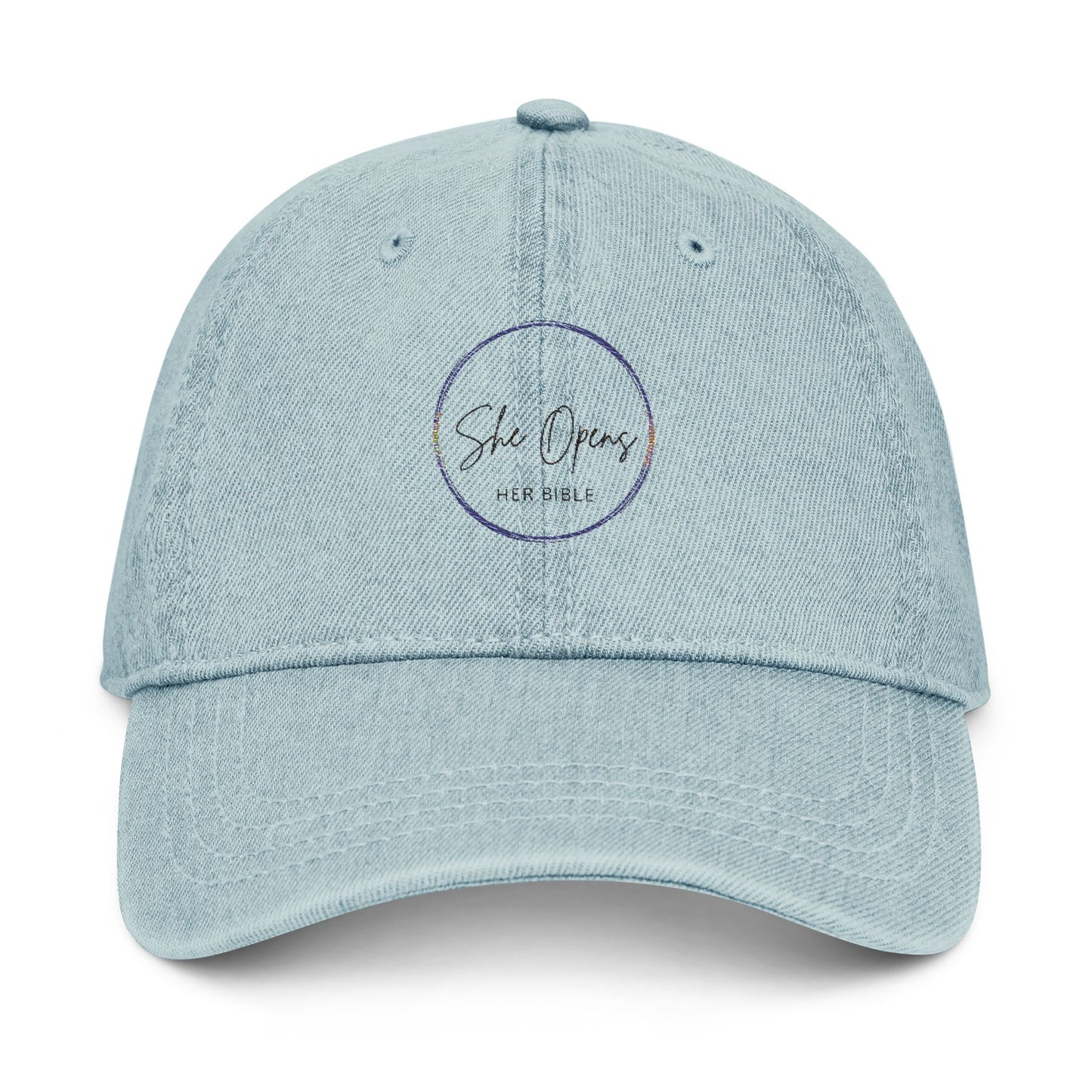 She Opens Her Bible™ Vintage Denim Baseball Hat – Embroidered Christian Cap with Adjustable Strap