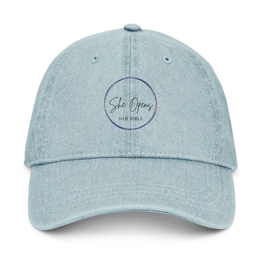 She Opens Her Bible™ Vintage Denim Baseball Hat – Embroidered Christian Cap with Adjustable Strap