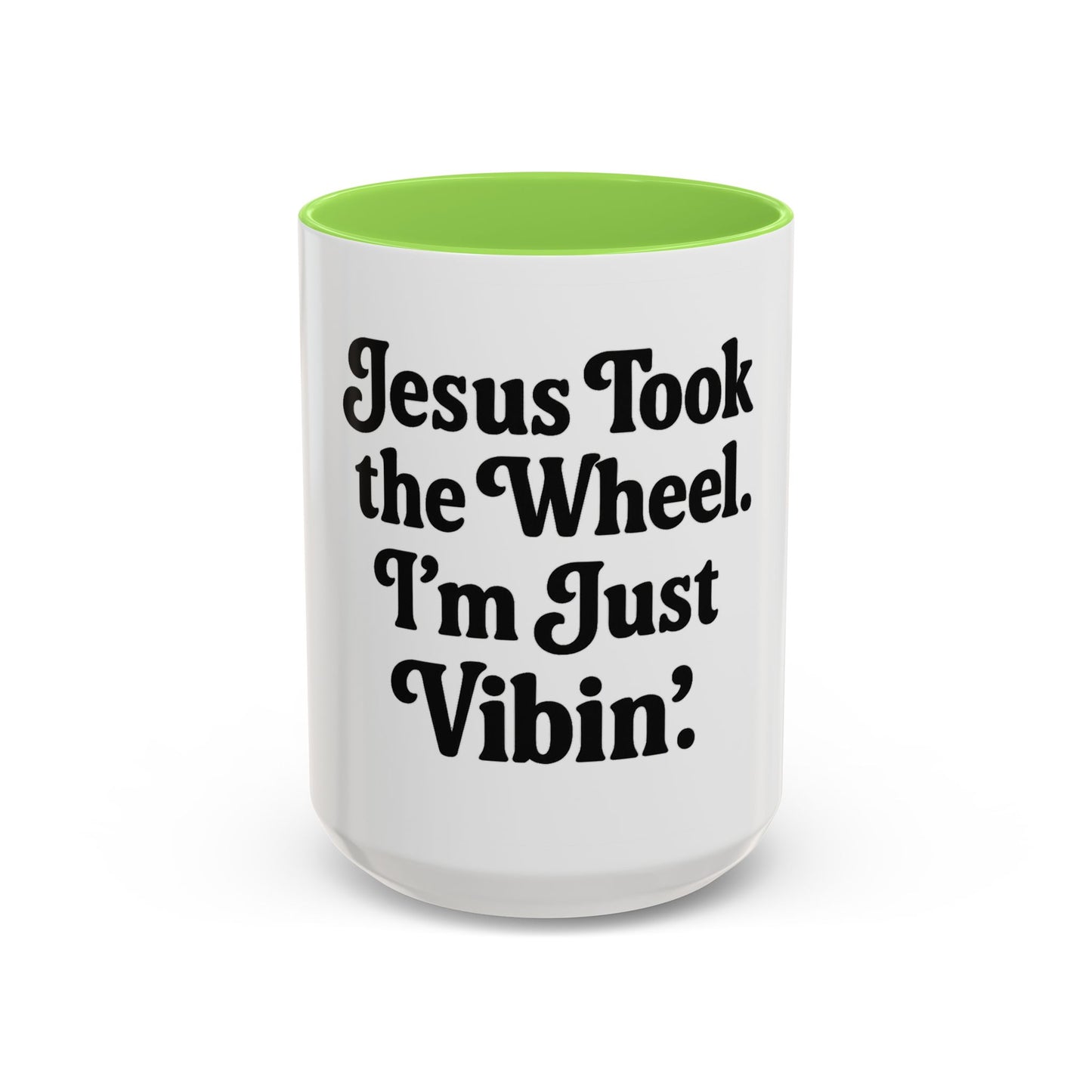 "Jesus Took the Wheel. I'm Just Vibin." Coffee Mug – Funny Faith-Based Mug for Relaxed Mornings & Spiritual Sass