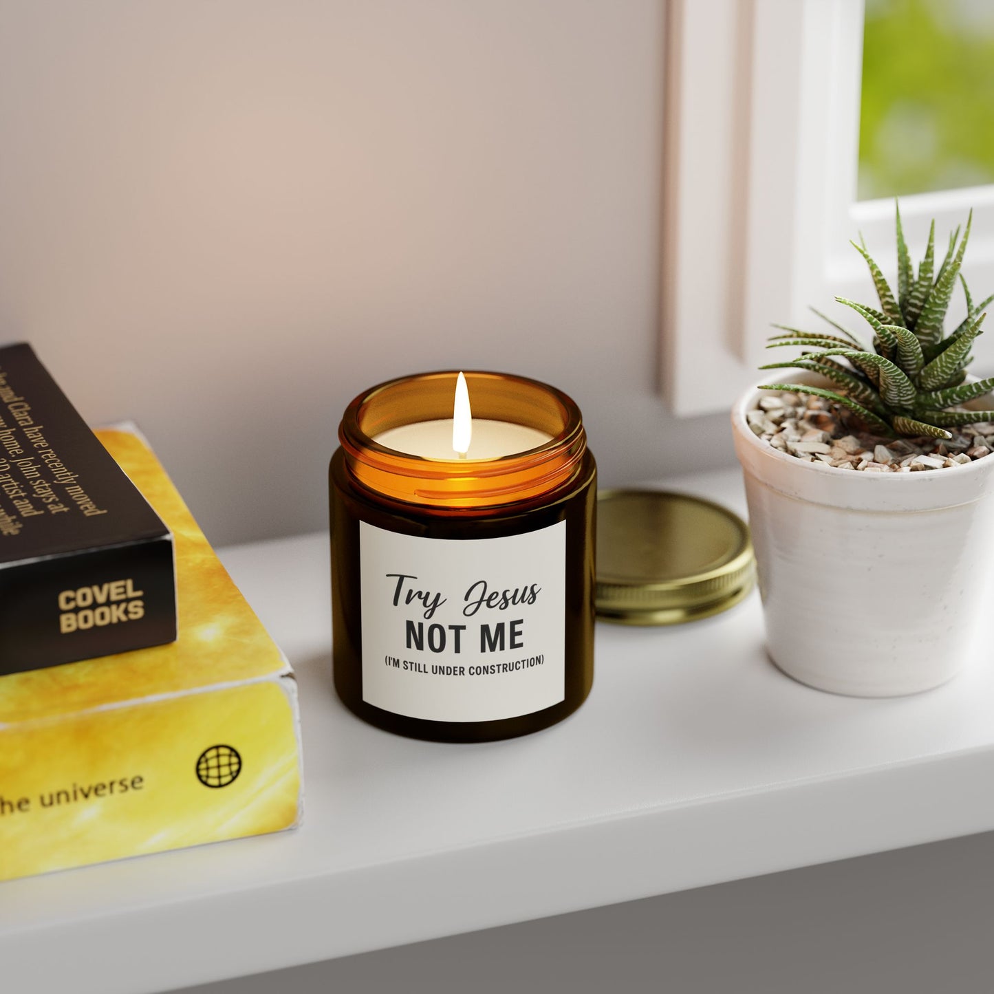 Try Jesus, Not Me. I’m Still Under Construction – 4oz Scented Candle, Coconut Apricot Wax, Funny Christian Gift, Faith with a Side of Realness