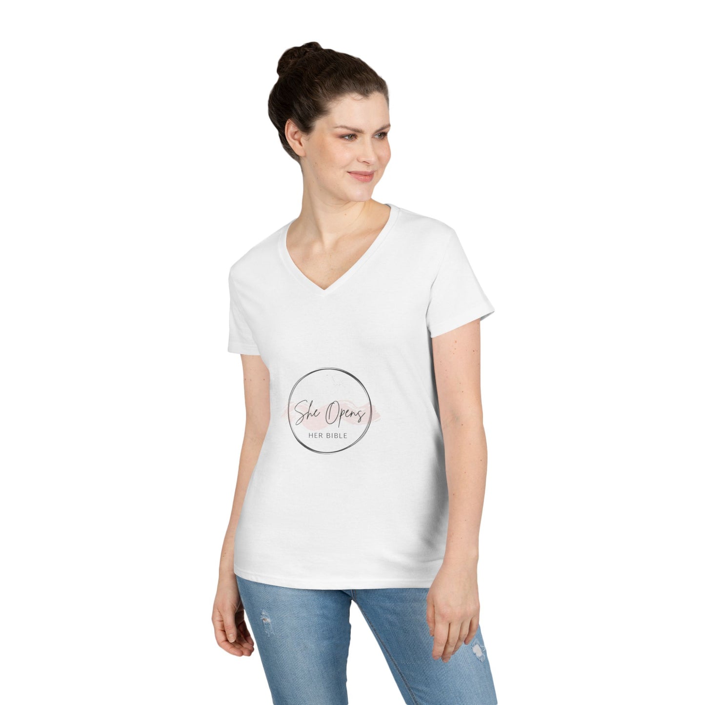 She Opens Her Bible™ Women’s V-Neck T-Shirt – Faith-Inspired Cotton Tee with Flattering Fit