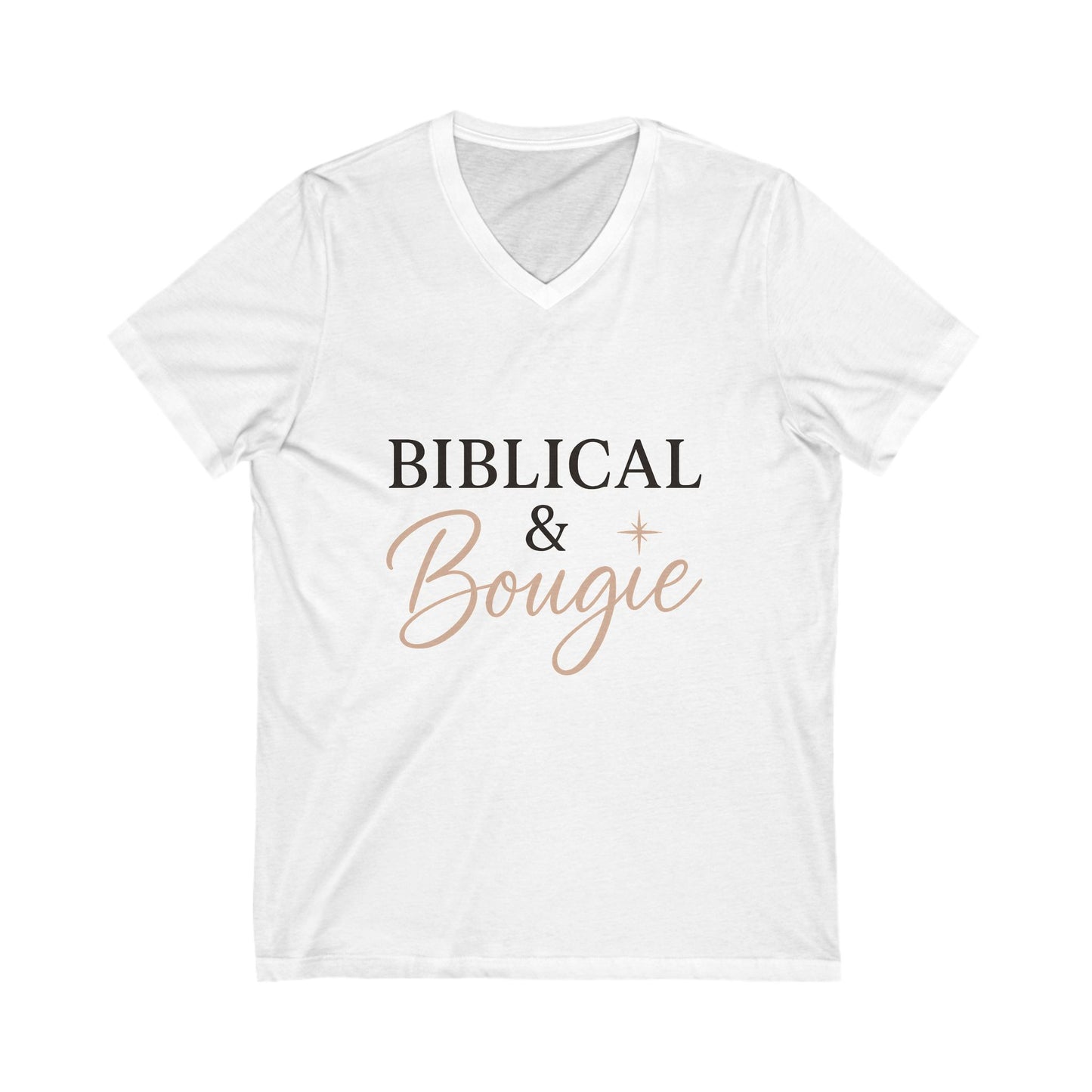 "Biblical & Bougie" V-Neck T-Shirt – Trendy Faith-Based Tee for Bold, God-Loving Women