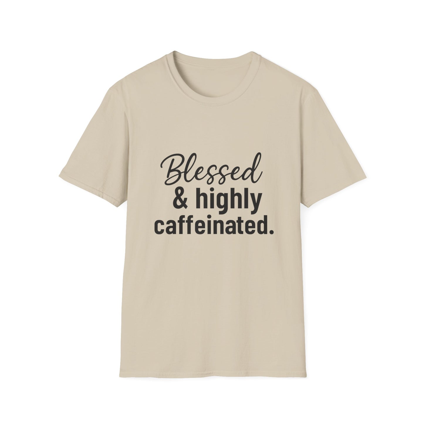 Blessed & Highly Caffeinated T-Shirt – Funny Christian Coffee Lover Tee with Black Lettering