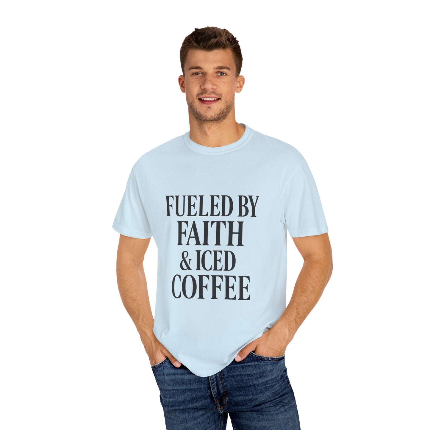 I Run on Faith & Iced Coffee Tee – Round‑Neck Unisex Shirt • Caffeine + Conviction