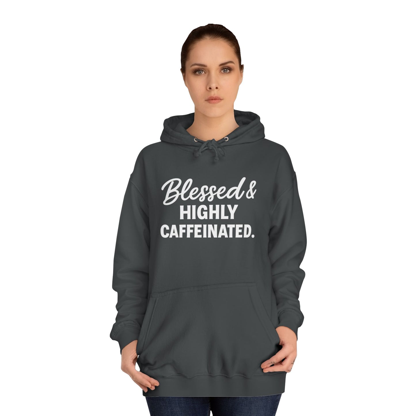 Blessed & Highly Caffeinated Unisex Hoodie – Christian Coffee Lover's Cozy Faith Sweatshirt (White Lettering)