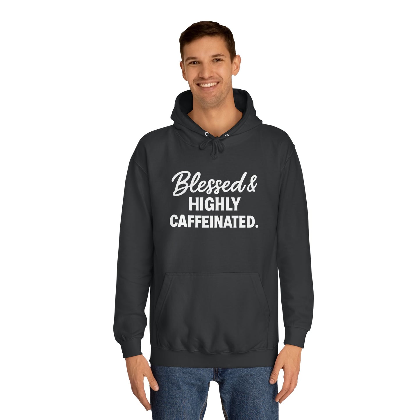 Blessed & Highly Caffeinated Unisex Hoodie – Christian Coffee Lover's Cozy Faith Sweatshirt (White Lettering)