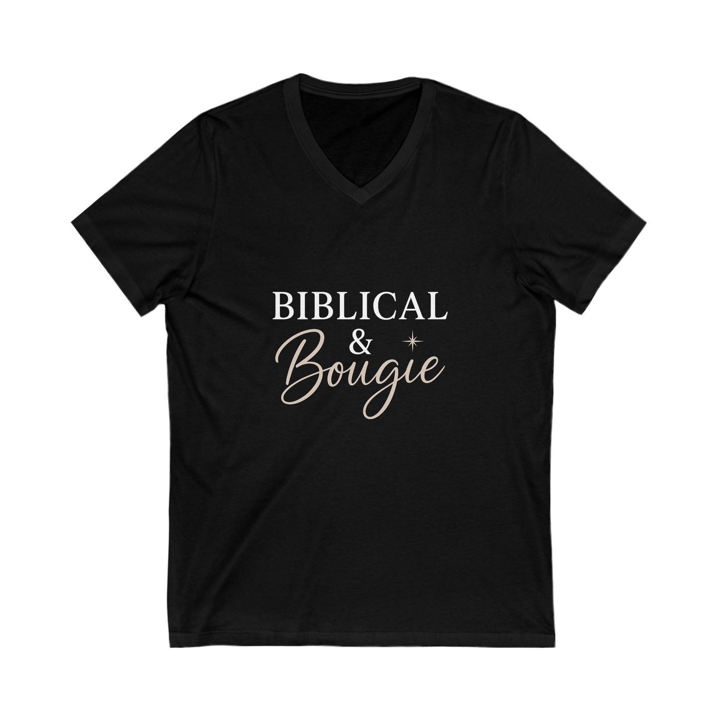 "Biblical & Bougie" V-Neck T-Shirt – Faith-Filled Fashion Tee for Fierce, God-Loving Women