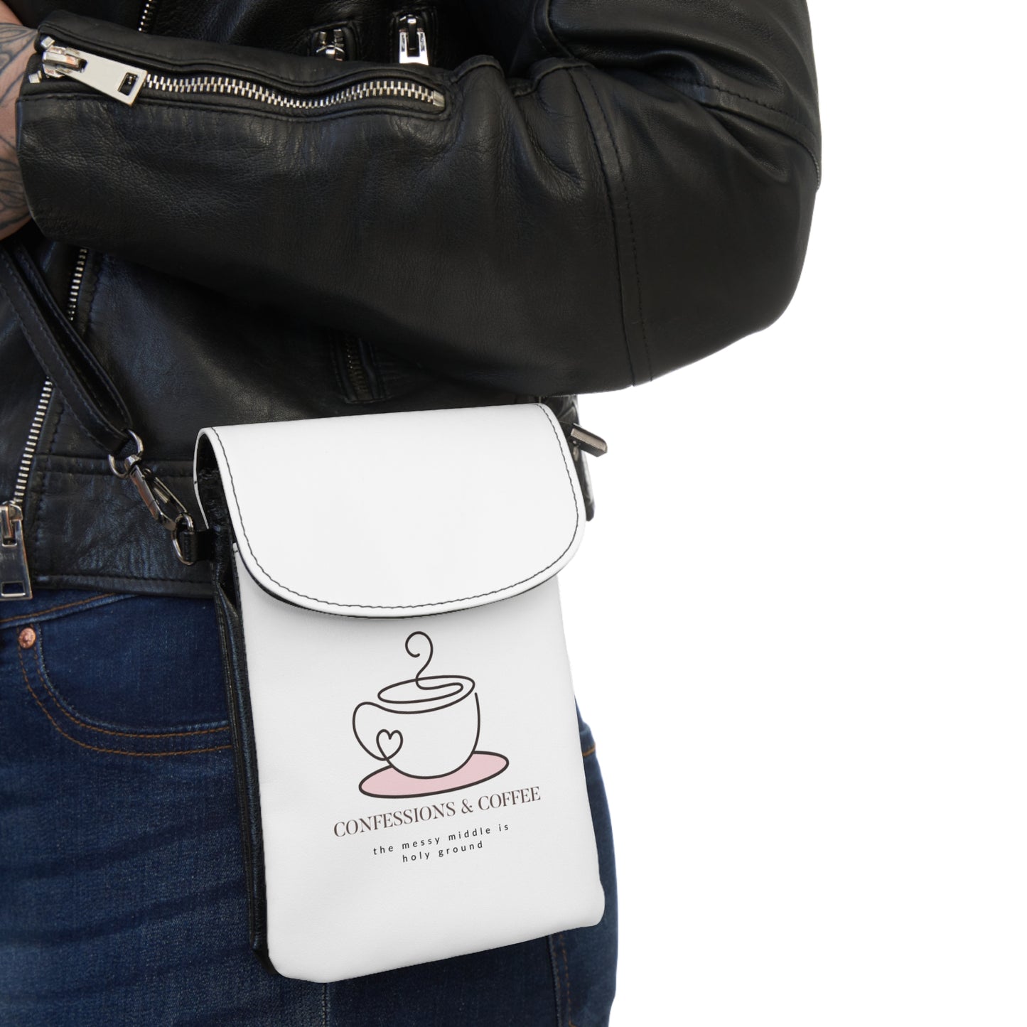 “Confessions & Coffee” Phone Wallet – Minimalist Vegan Leather Cell Phone Holder & Card Pouch