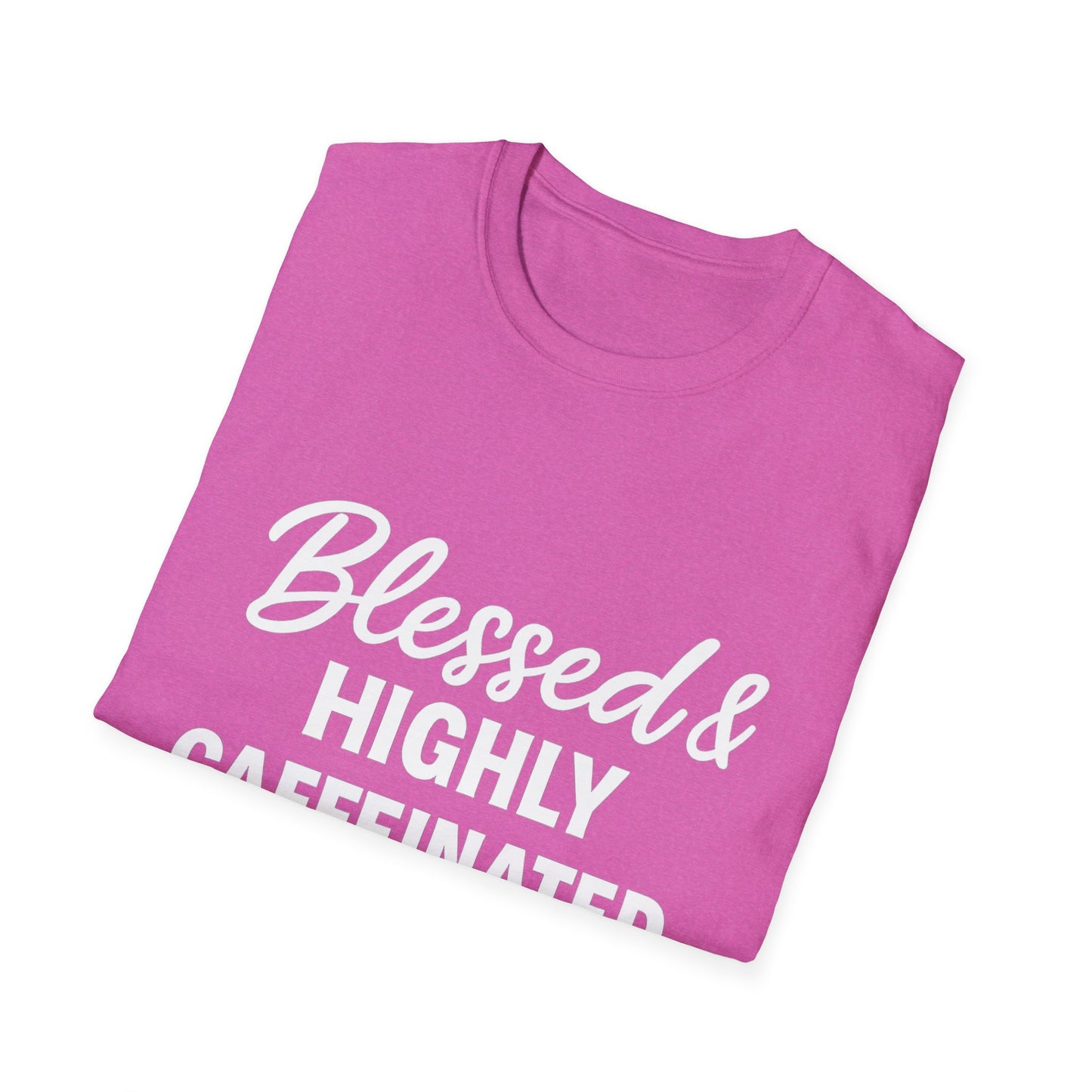 Blessed & Highly Caffeinated Unisex T-Shirt – Funny Christian Coffee Tee with White Lettering