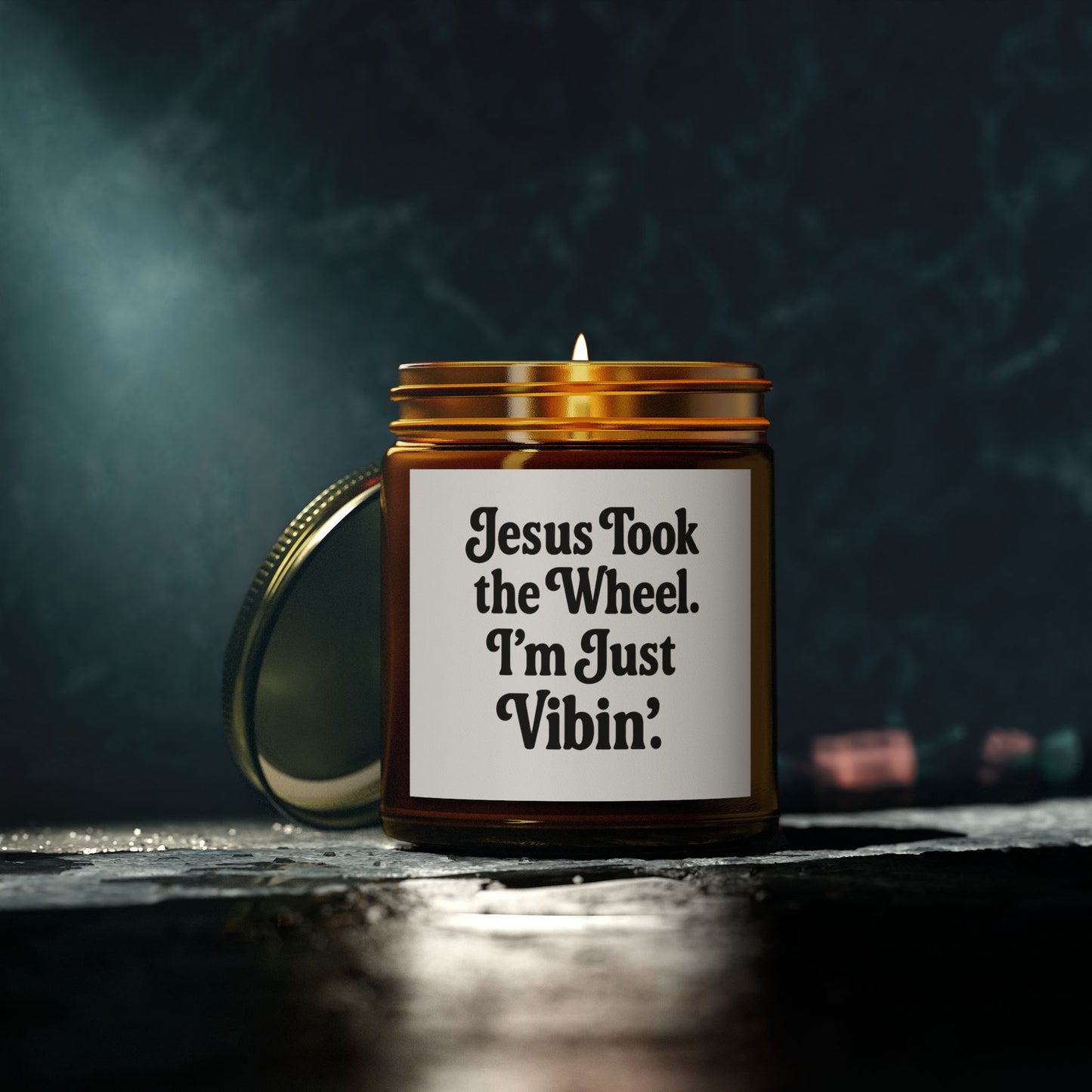 "Jesus Took the Wheel. I'm Just Vibin." Scented Candle – 4oz Coconut Apricot Wax Candle, Faith-Based Gift with Relaxing Vibes