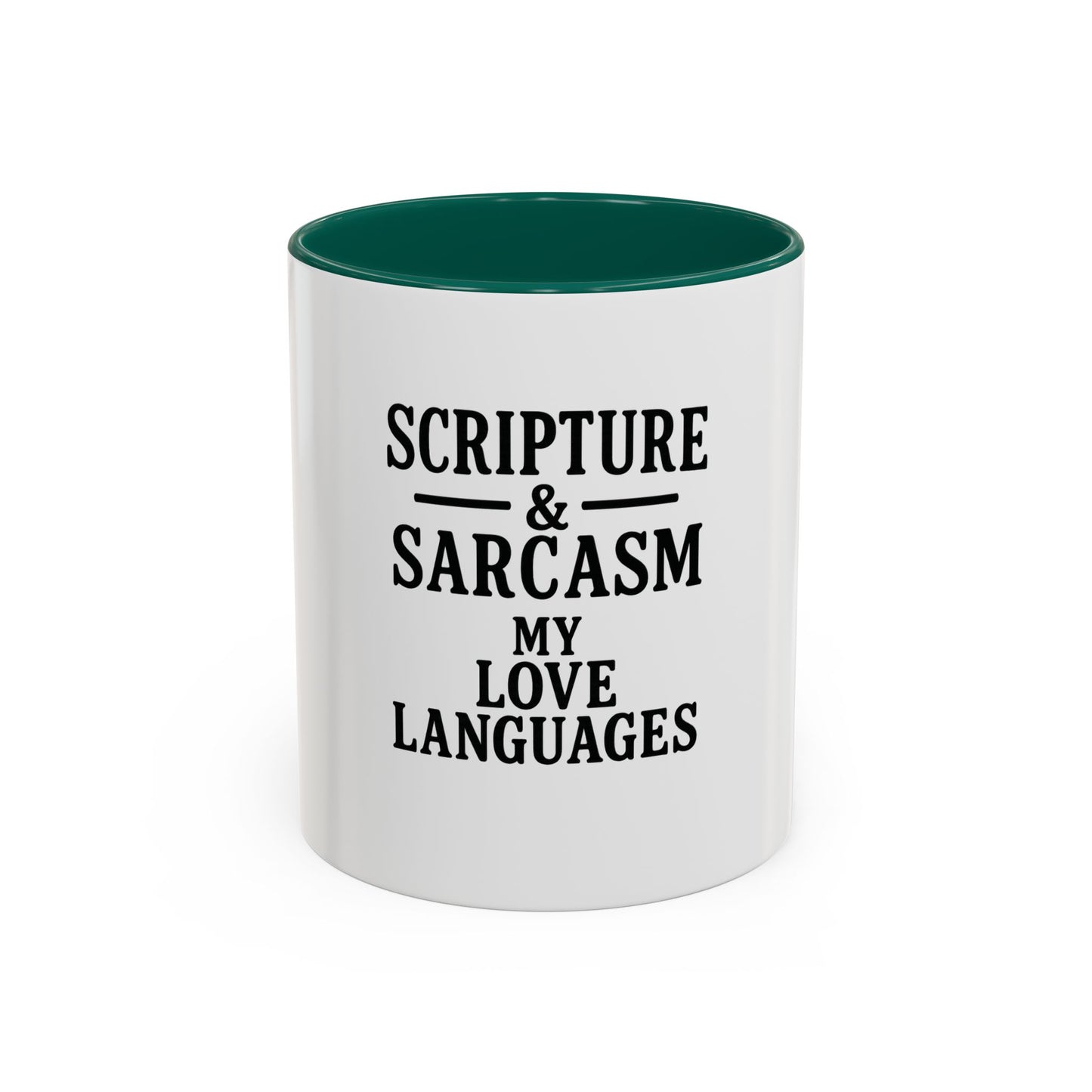 Scripture & Sarcasm. My Love Languages™ Coffee Mug – Funny Christian Gift for Women, Friends & Bible Study