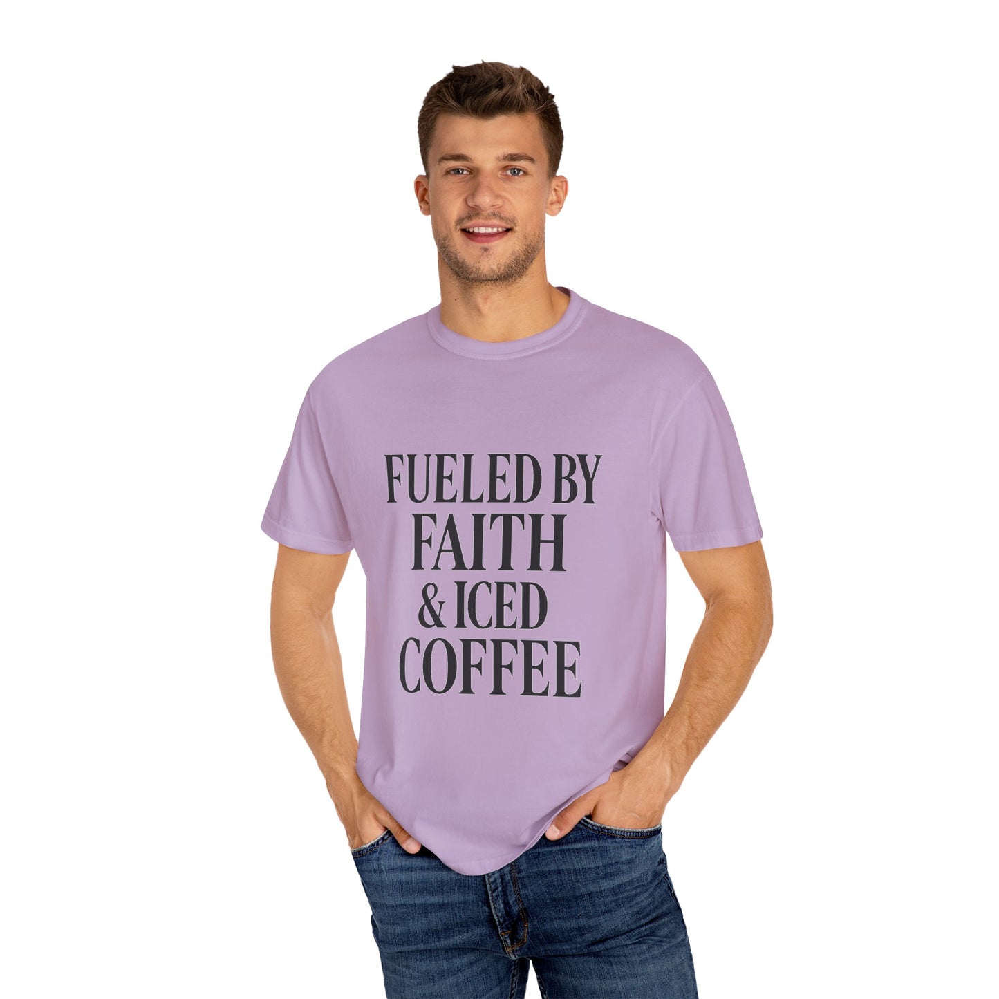 I Run on Faith & Iced Coffee Tee – Round‑Neck Unisex Shirt • Caffeine + Conviction