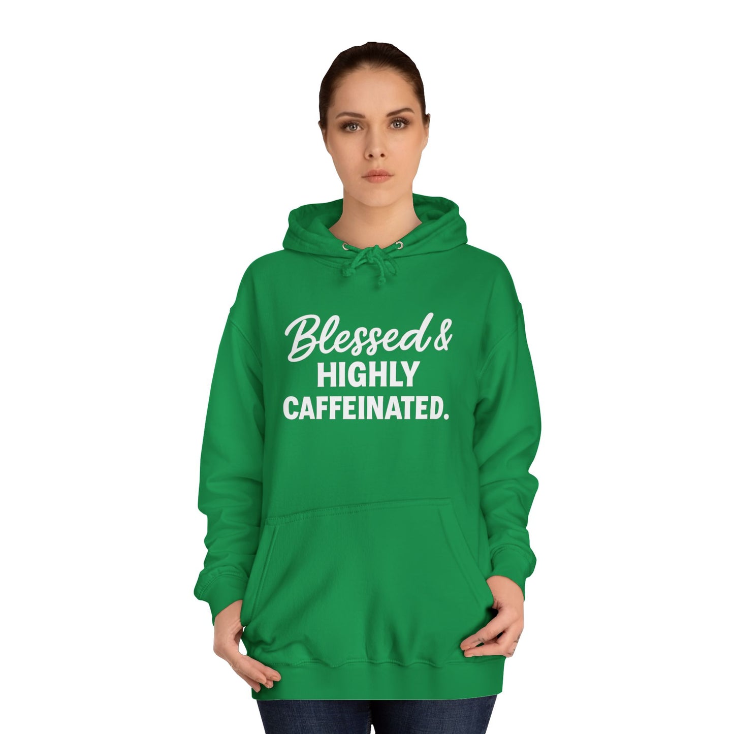 Blessed & Highly Caffeinated Unisex Hoodie – Christian Coffee Lover's Cozy Faith Sweatshirt (White Lettering)