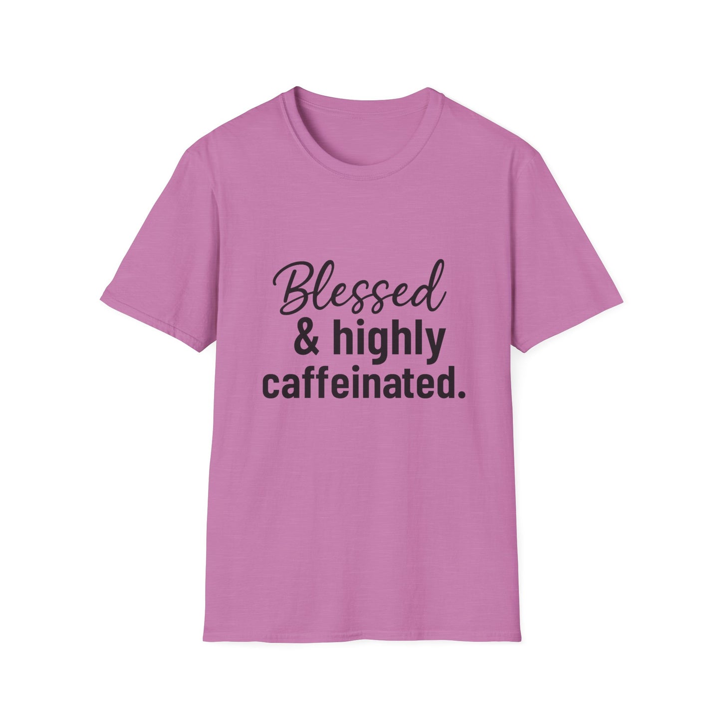 Blessed & Highly Caffeinated T-Shirt – Funny Christian Coffee Lover Tee with Black Lettering