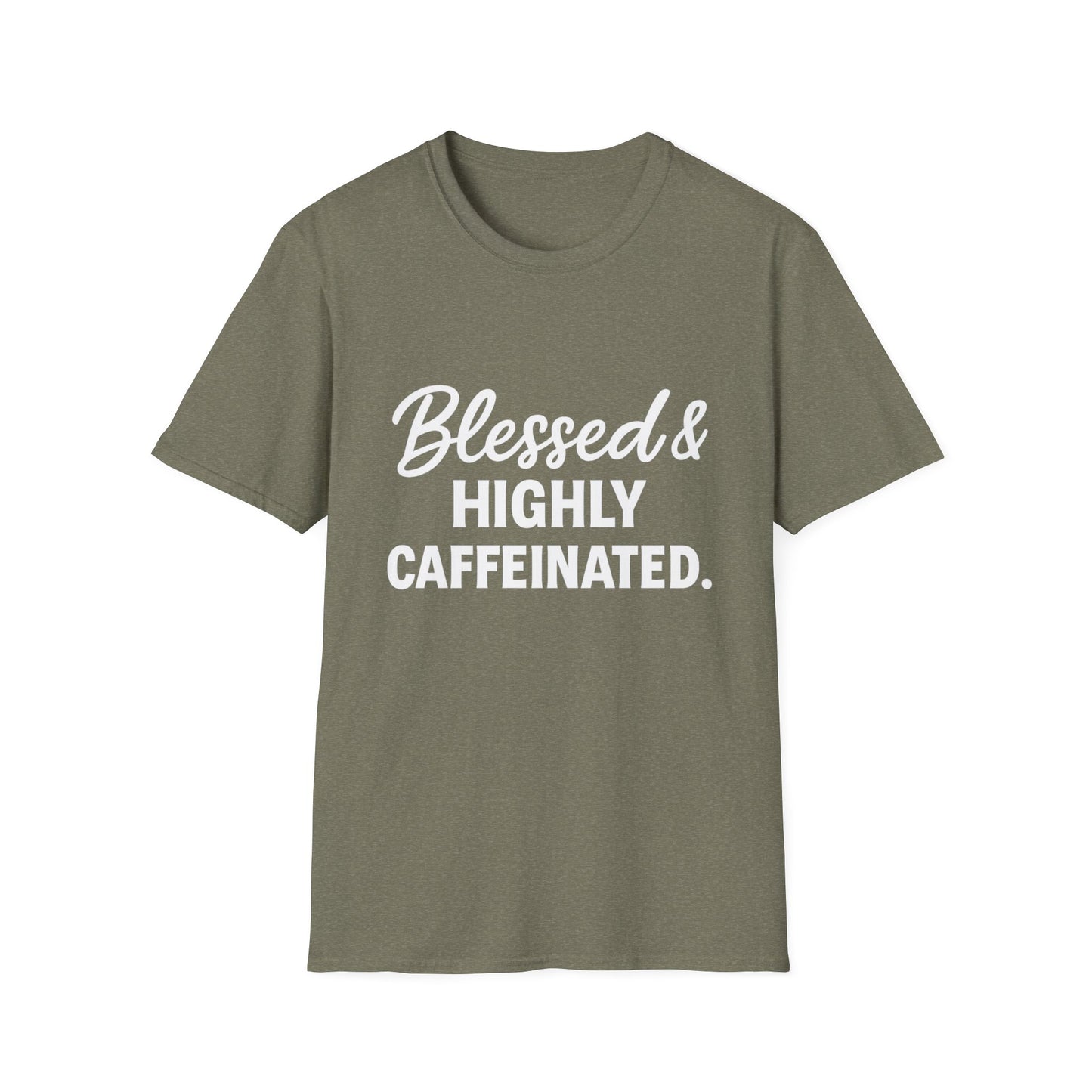 Blessed & Highly Caffeinated Unisex T-Shirt – Funny Christian Coffee Tee with White Lettering