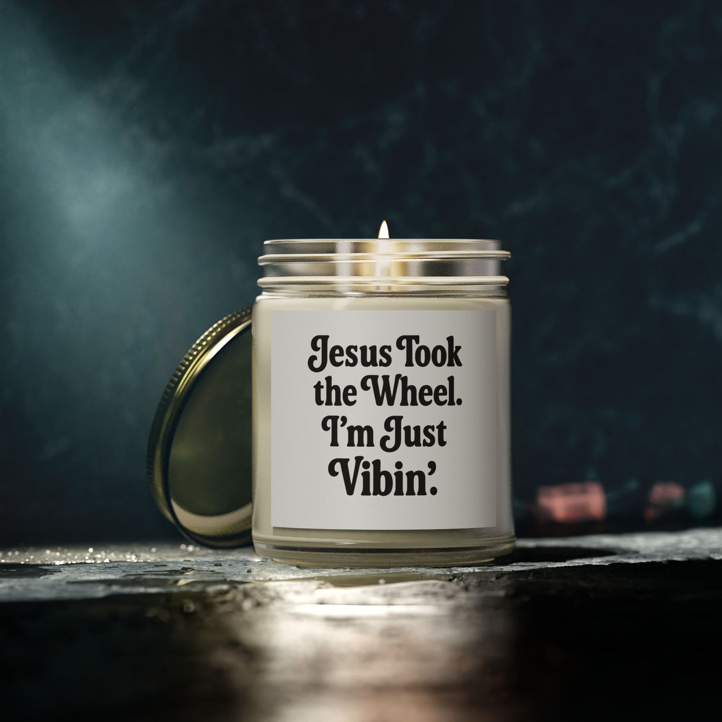 "Jesus Took the Wheel. I'm Just Vibin." Scented Candle – 4oz Coconut Apricot Wax Candle, Faith-Based Gift with Relaxing Vibes