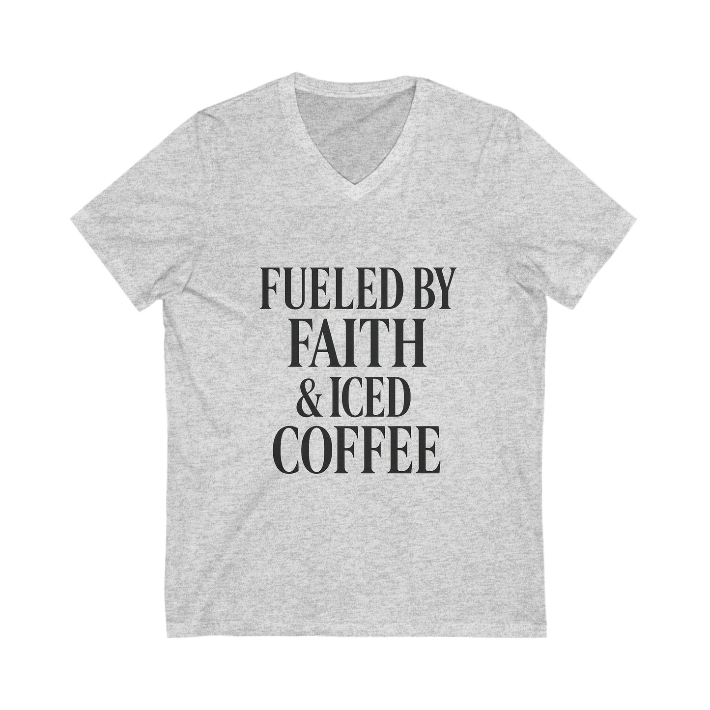 Fueled by Faith and Iced Coffee™ V-Neck T-Shirt – Sassy Christian Tee for Women Who Run on Prayer & Cold Brew
