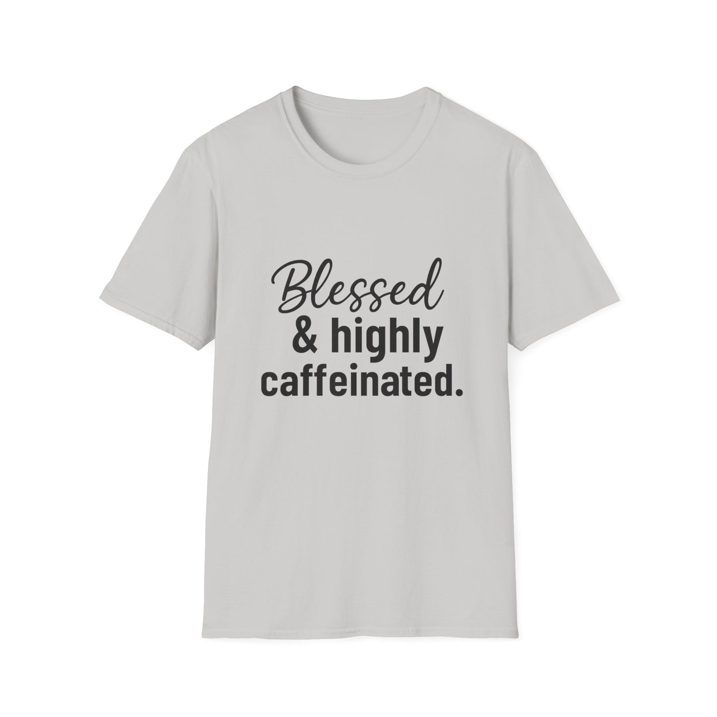 Blessed & Highly Caffeinated T-Shirt – Funny Christian Coffee Lover Tee with Black Lettering
