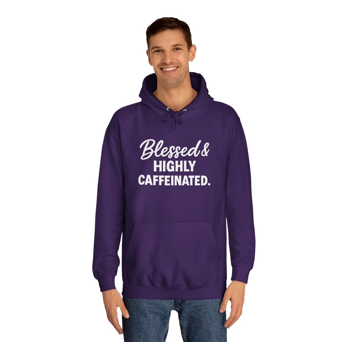 Blessed & Highly Caffeinated Unisex Hoodie – Christian Coffee Lover's Cozy Faith Sweatshirt (White Lettering)