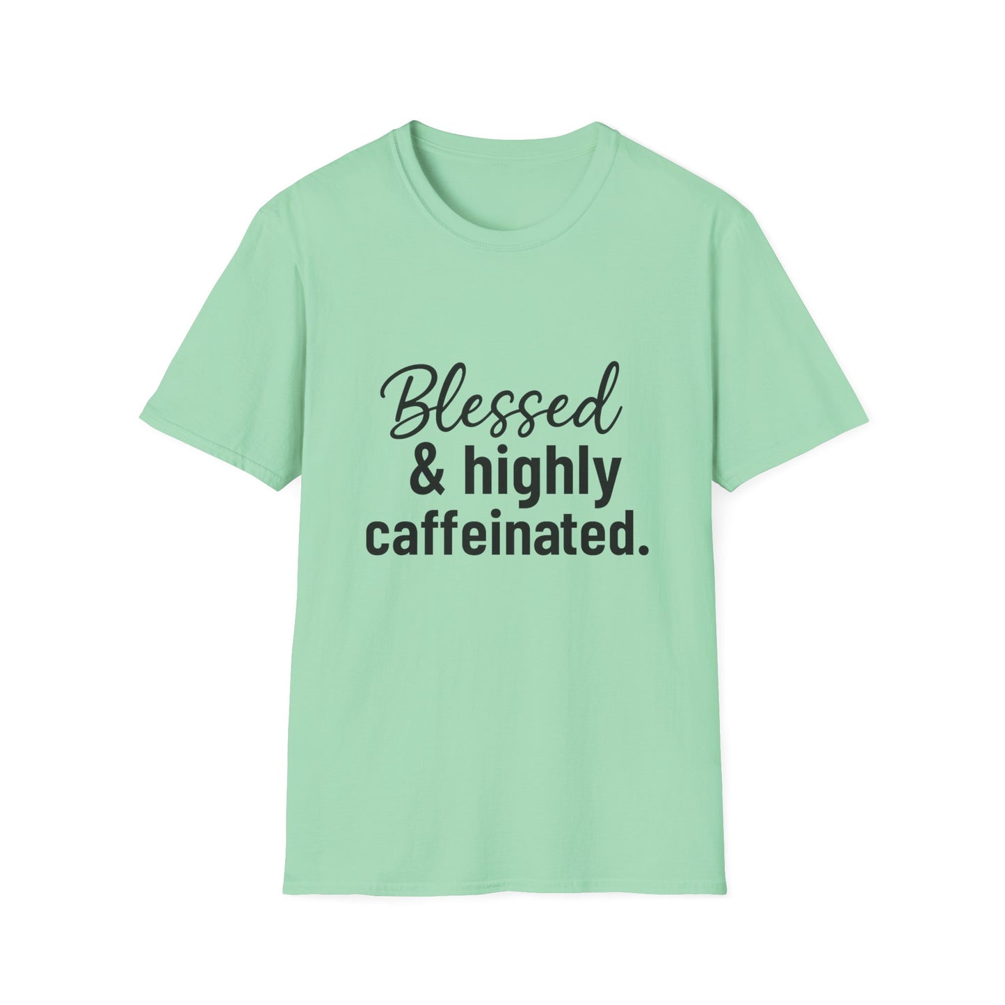 Blessed & Highly Caffeinated T-Shirt – Funny Christian Coffee Lover Tee with Black Lettering
