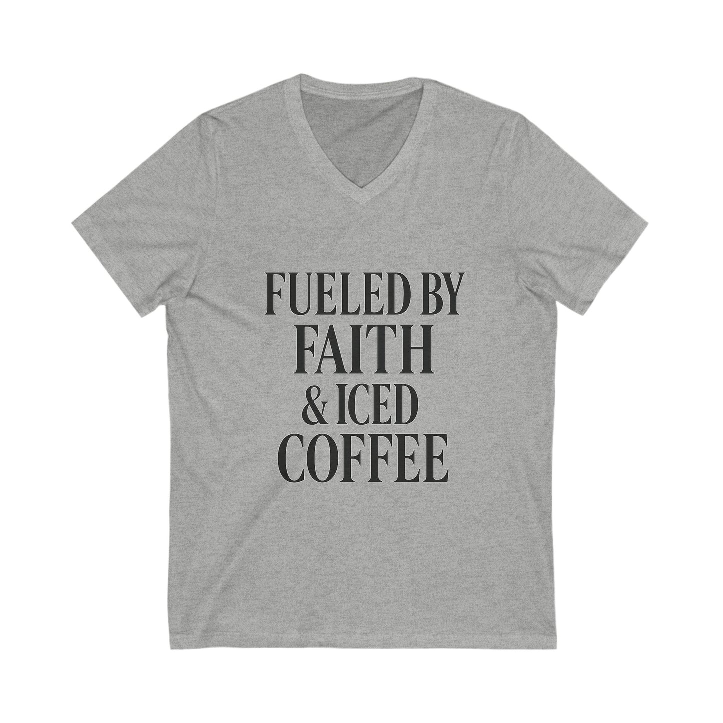 Fueled by Faith and Iced Coffee™ V-Neck T-Shirt – Sassy Christian Tee for Women Who Run on Prayer & Cold Brew