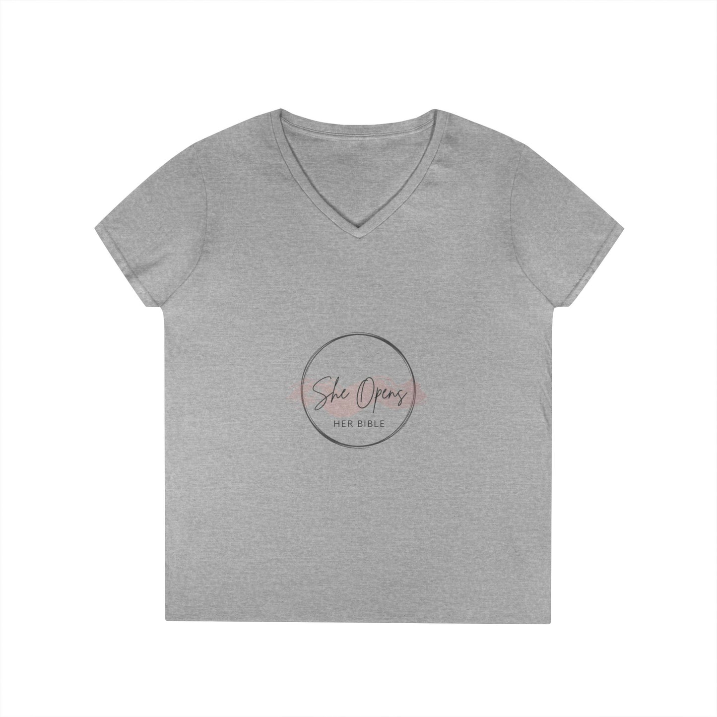 She Opens Her Bible™ Women’s V-Neck T-Shirt – Faith-Inspired Cotton Tee with Flattering Fit