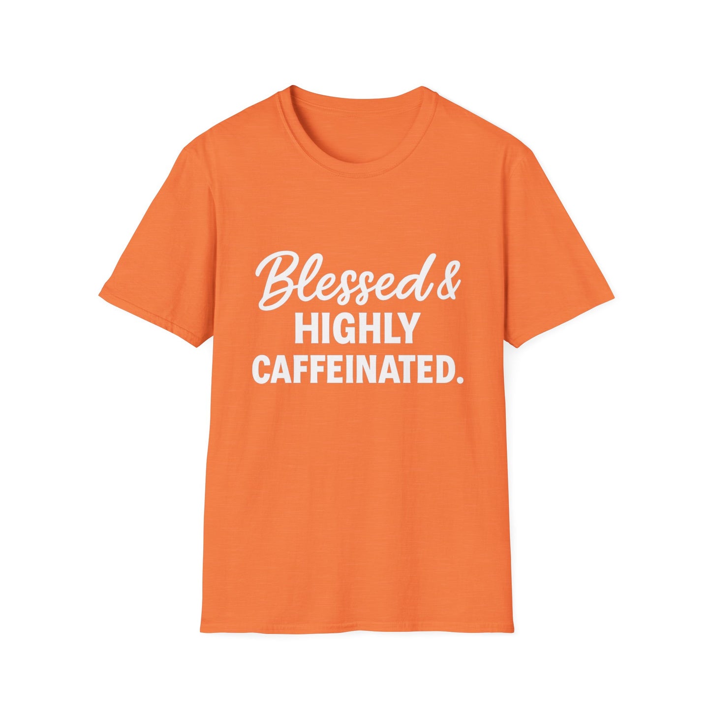 Blessed & Highly Caffeinated Unisex T-Shirt – Funny Christian Coffee Tee with White Lettering