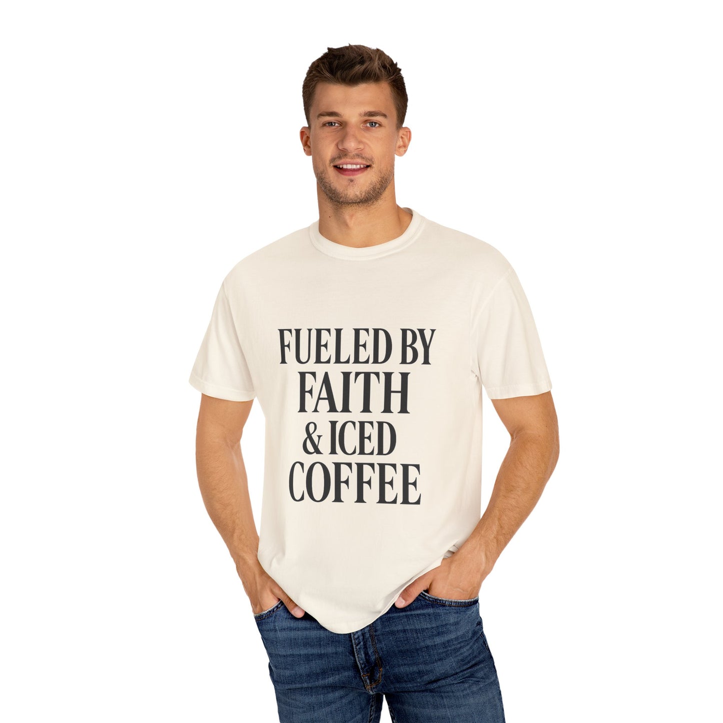 I Run on Faith & Iced Coffee Tee – Round‑Neck Unisex Shirt • Caffeine + Conviction