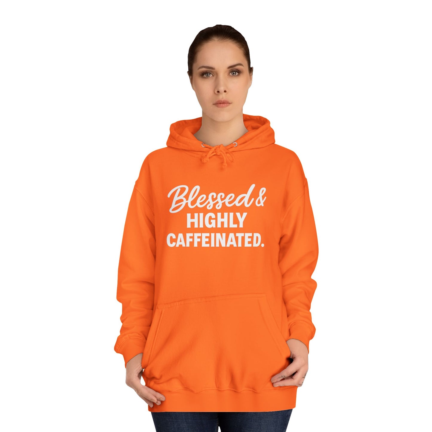 Blessed & Highly Caffeinated Unisex Hoodie – Christian Coffee Lover's Cozy Faith Sweatshirt (White Lettering)