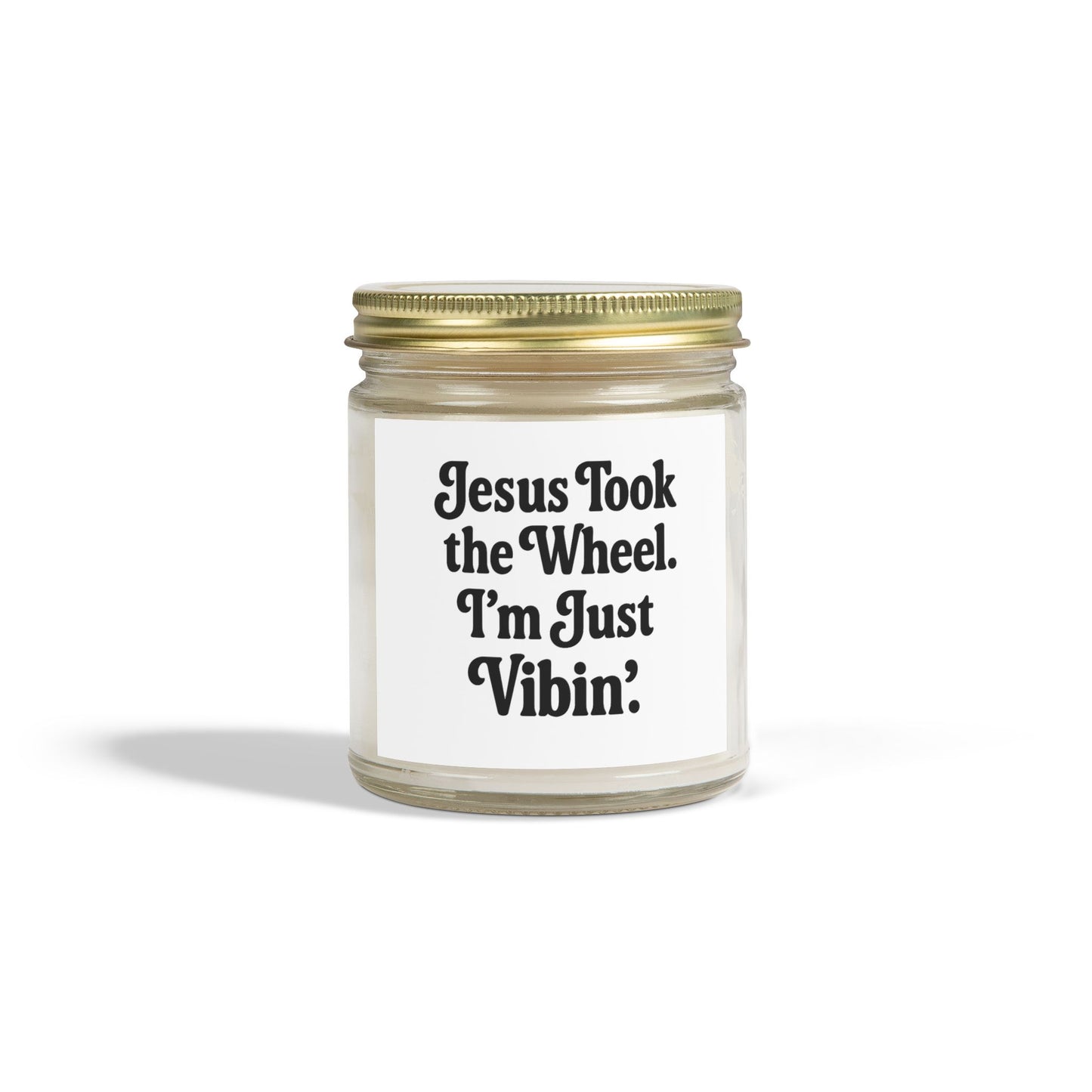 "Jesus Took the Wheel. I'm Just Vibin." Scented Candle – 4oz Coconut Apricot Wax Candle, Faith-Based Gift with Relaxing Vibes
