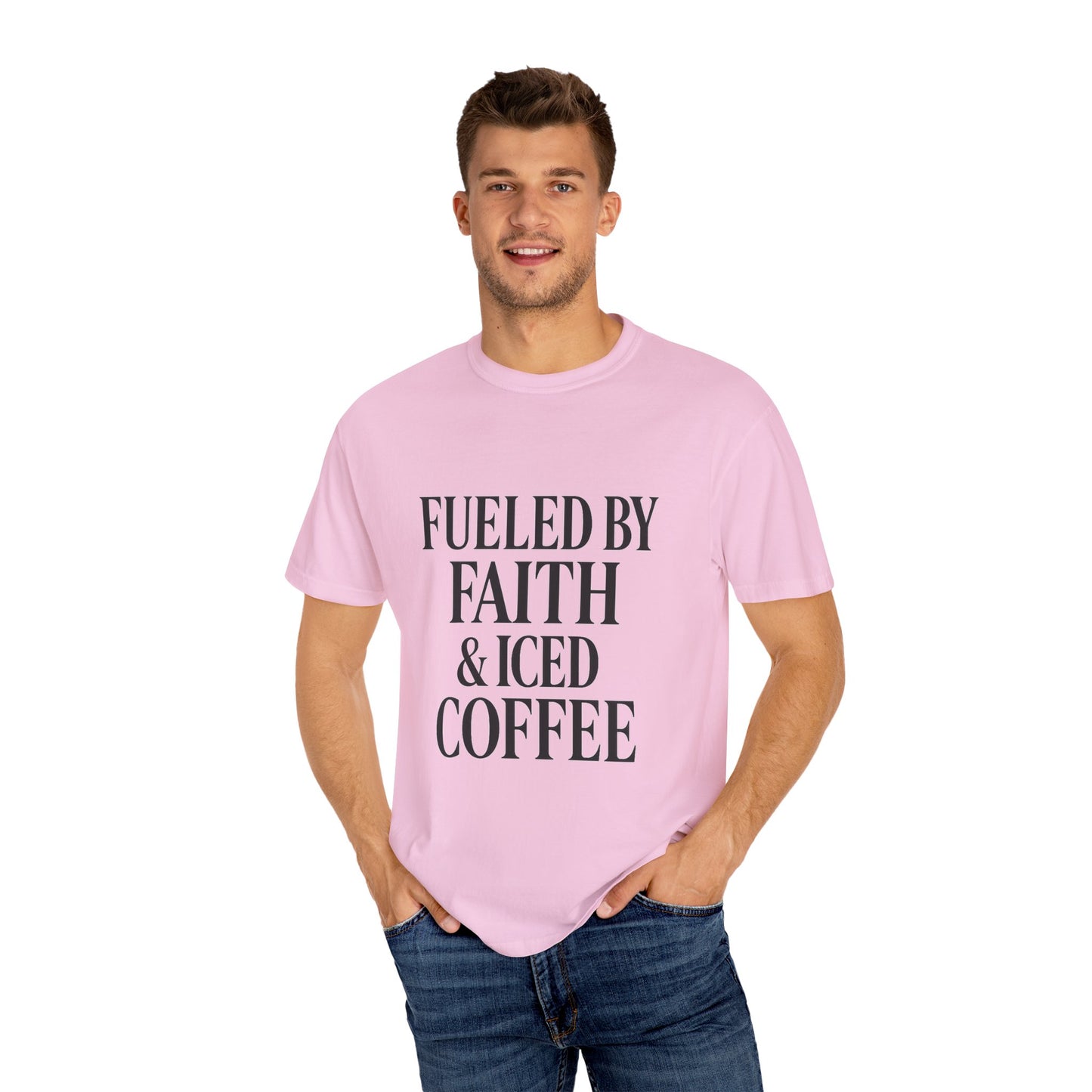 I Run on Faith & Iced Coffee Tee – Round‑Neck Unisex Shirt • Caffeine + Conviction