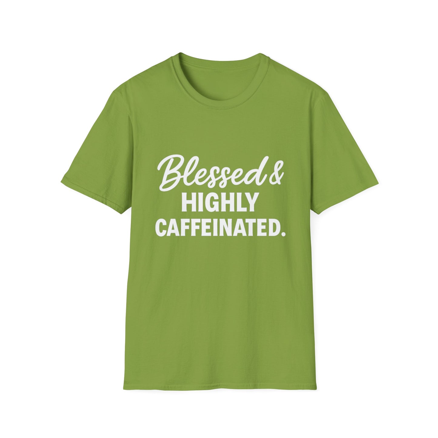 Blessed & Highly Caffeinated Unisex T-Shirt – Funny Christian Coffee Tee with White Lettering