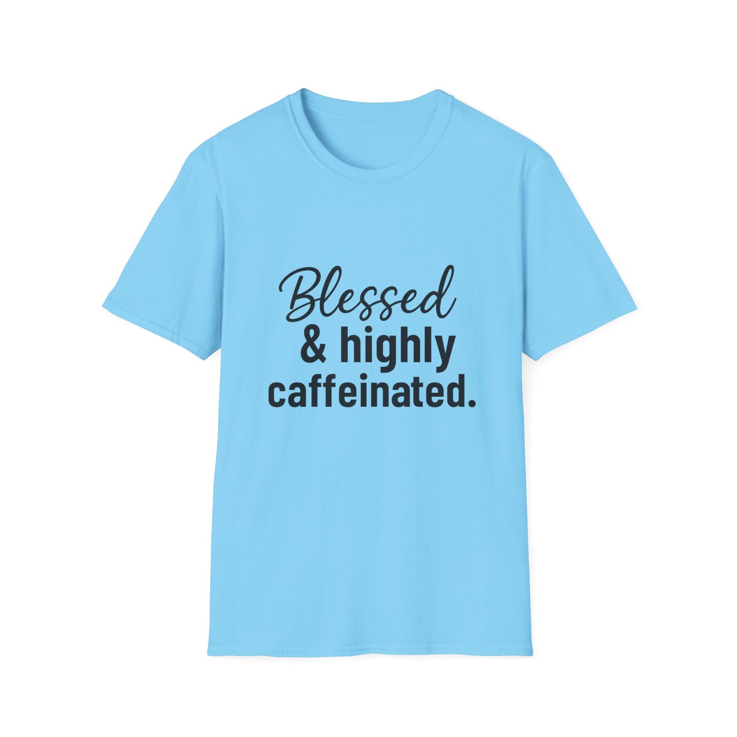 Blessed & Highly Caffeinated T-Shirt – Funny Christian Coffee Lover Tee with Black Lettering
