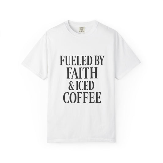 I Run on Faith & Iced Coffee Tee – Round‑Neck Unisex Shirt • Caffeine + Conviction