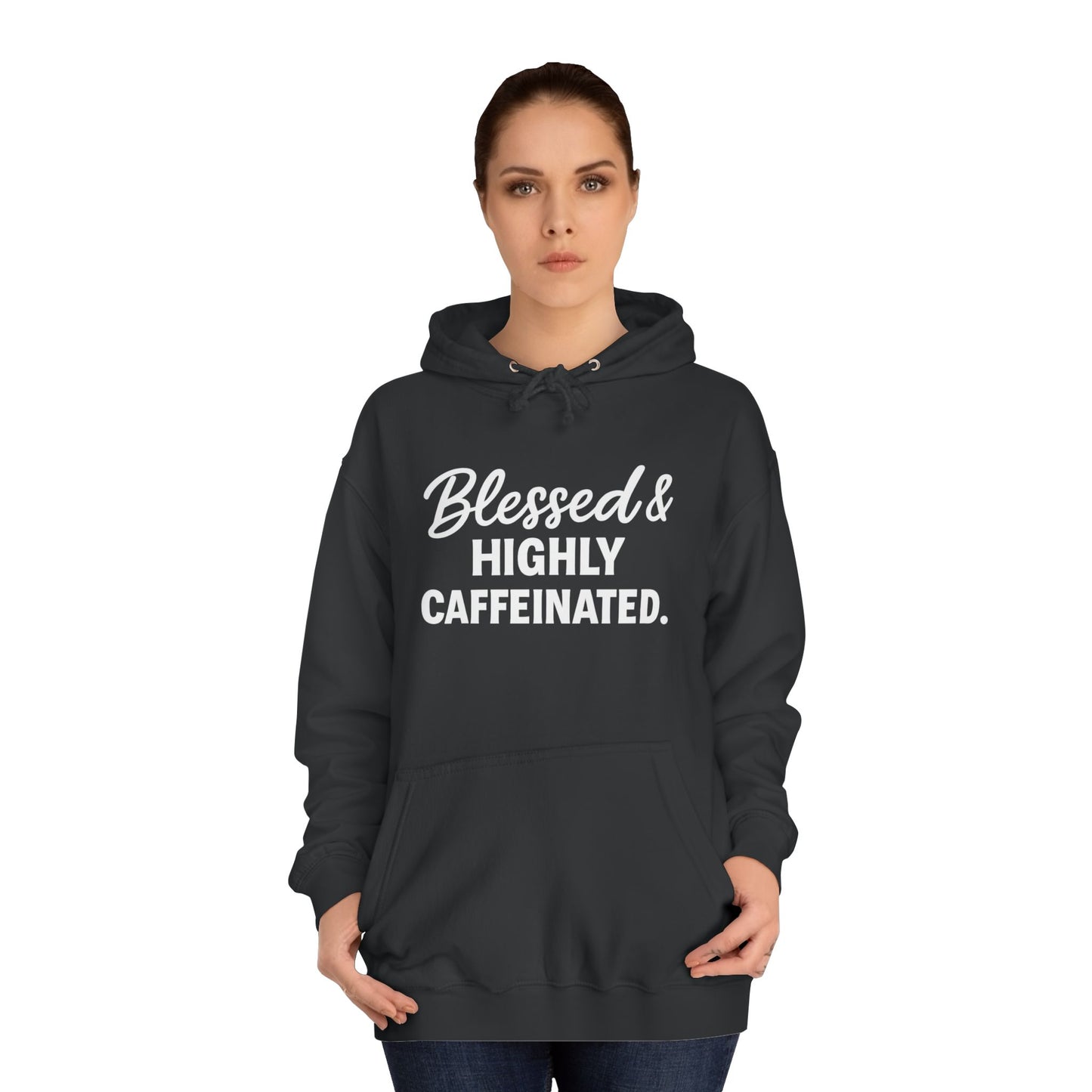 Blessed & Highly Caffeinated Unisex Hoodie – Christian Coffee Lover's Cozy Faith Sweatshirt (White Lettering)