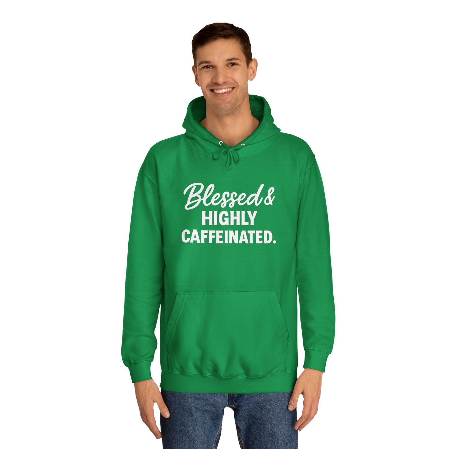 Blessed & Highly Caffeinated Unisex Hoodie – Christian Coffee Lover's Cozy Faith Sweatshirt (White Lettering)