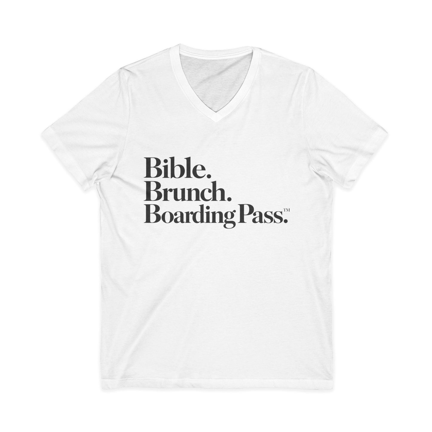 Bible Brunch Boarding Pass V-Neck Tee — White | Christian Travel & Weekend Shirt