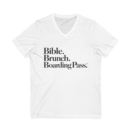 Bible Brunch Boarding Pass V-Neck Tee — White | Christian Travel & Weekend Shirt