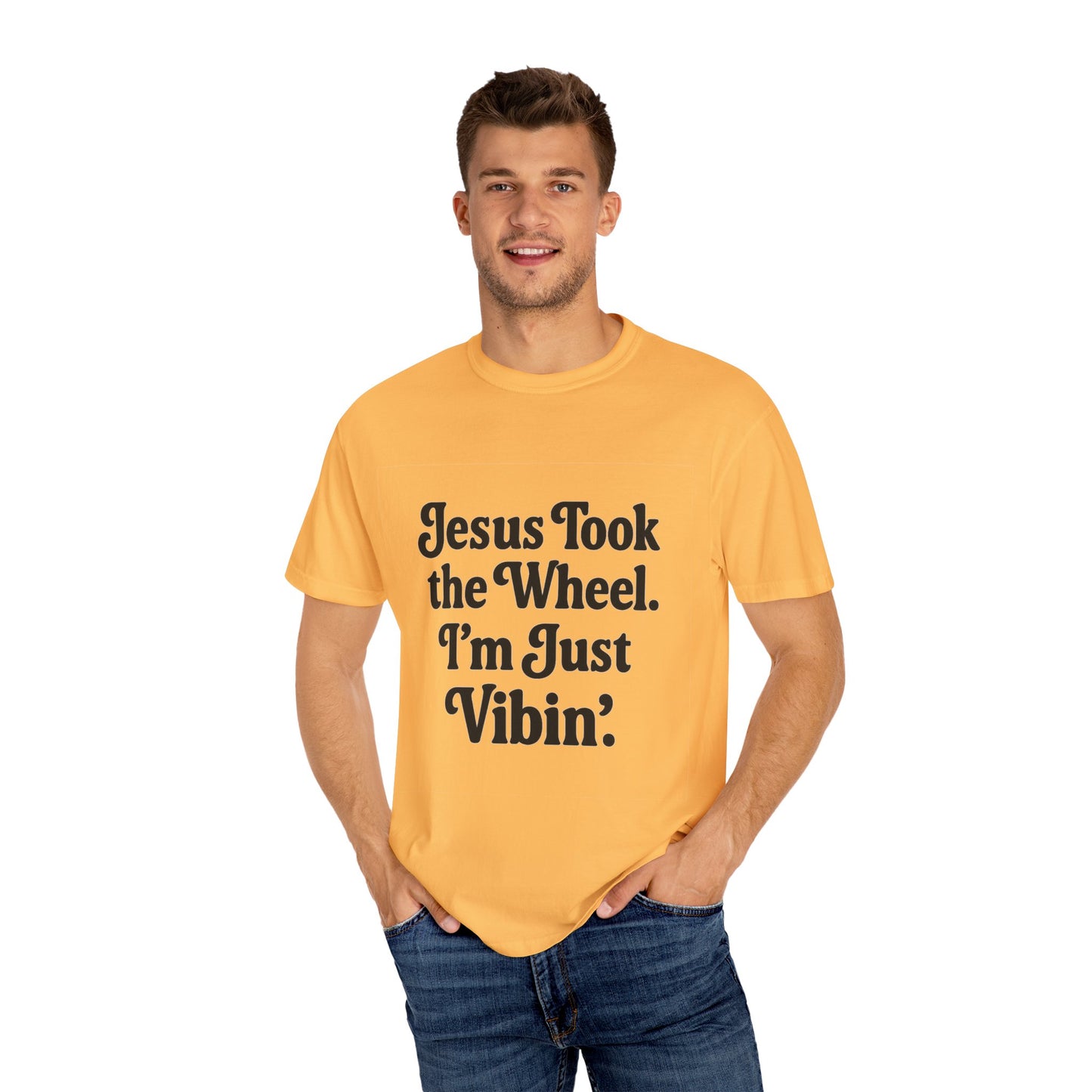 "Jesus Took the Wheel. I'm Just Vibin." T-Shirt – Funny Christian Tee for Faith-Filled Chill Vibes & Everyday Style