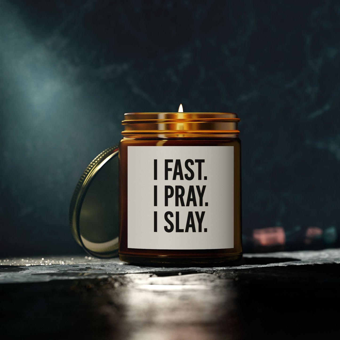 "I Fast. I Pray. I Slay." Scented Candle – 4oz Coconut Apricot Wax, Christian Empowerment Gift, Faith & Self-Care Home Decor