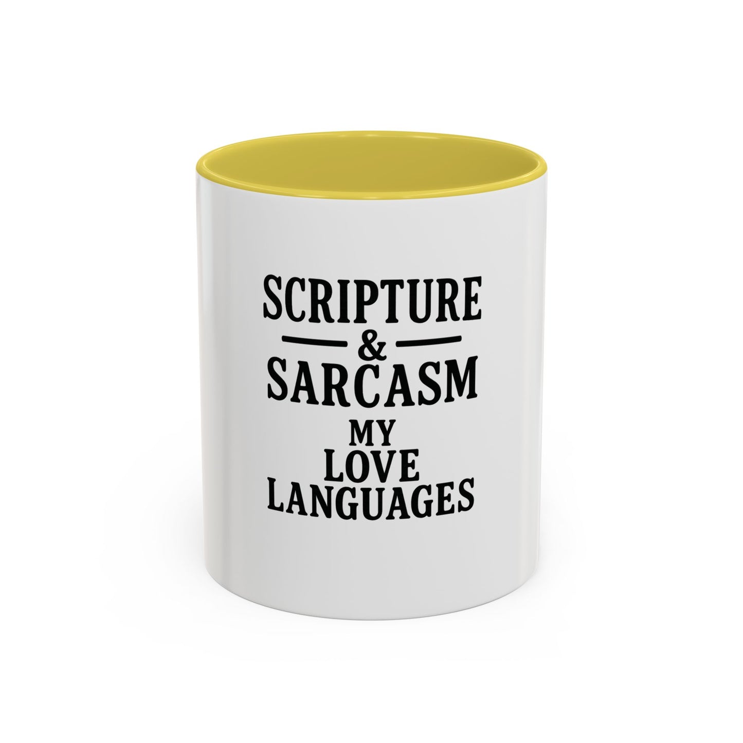 Scripture & Sarcasm. My Love Languages™ Coffee Mug – Funny Christian Gift for Women, Friends & Bible Study