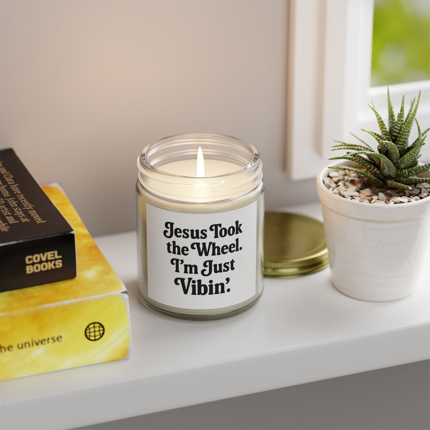 "Jesus Took the Wheel. I'm Just Vibin." Scented Candle – 4oz Coconut Apricot Wax Candle, Faith-Based Gift with Relaxing Vibes