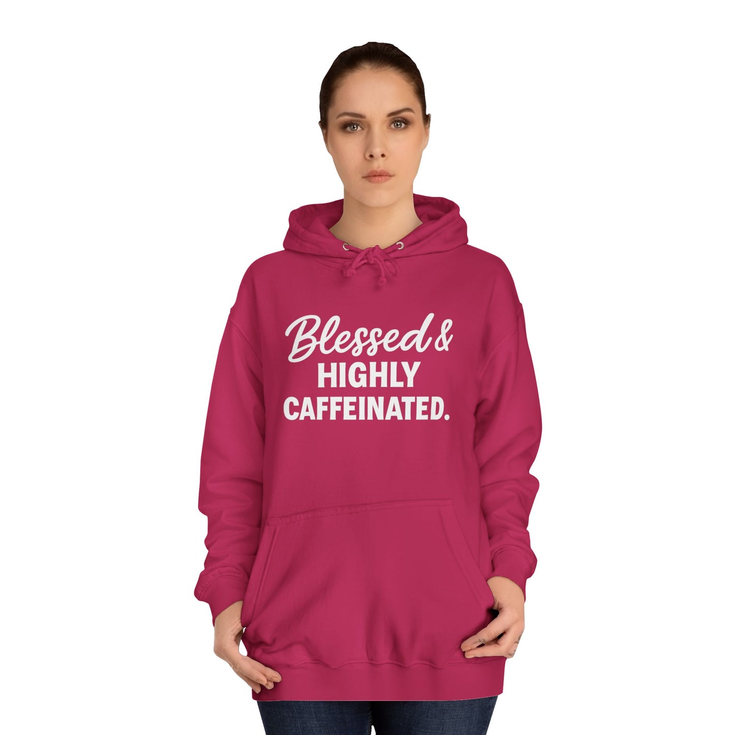 Blessed & Highly Caffeinated Unisex Hoodie – Christian Coffee Lover's Cozy Faith Sweatshirt (White Lettering)